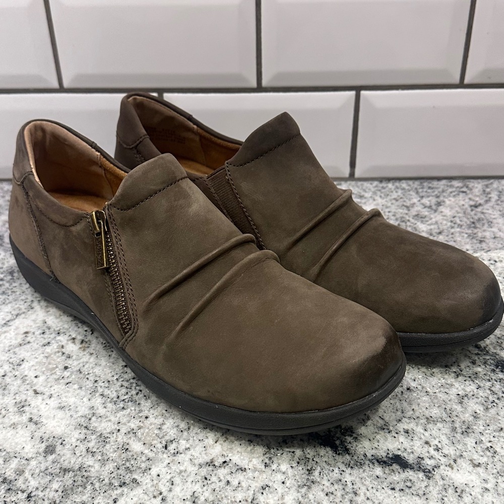 Aetrex Womens 9-9.5 Katie Loafers Brown Leather Ruched‎ Zip Orthotic Comfort
